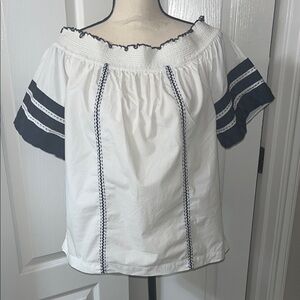 Tory Burch White and Navy Smocked Top